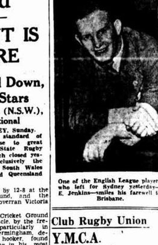 Newspaper photograph of Emlyn Jenkins smiling his farewell to Brisbane, July 1936
