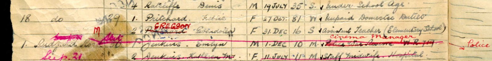 Detail of the 1939 Register showing Emlyn Jenkins, cinema manager and Police War Reserve, with Kathleen M. Jenkins, staff midwife, and Charles O. Roberts
