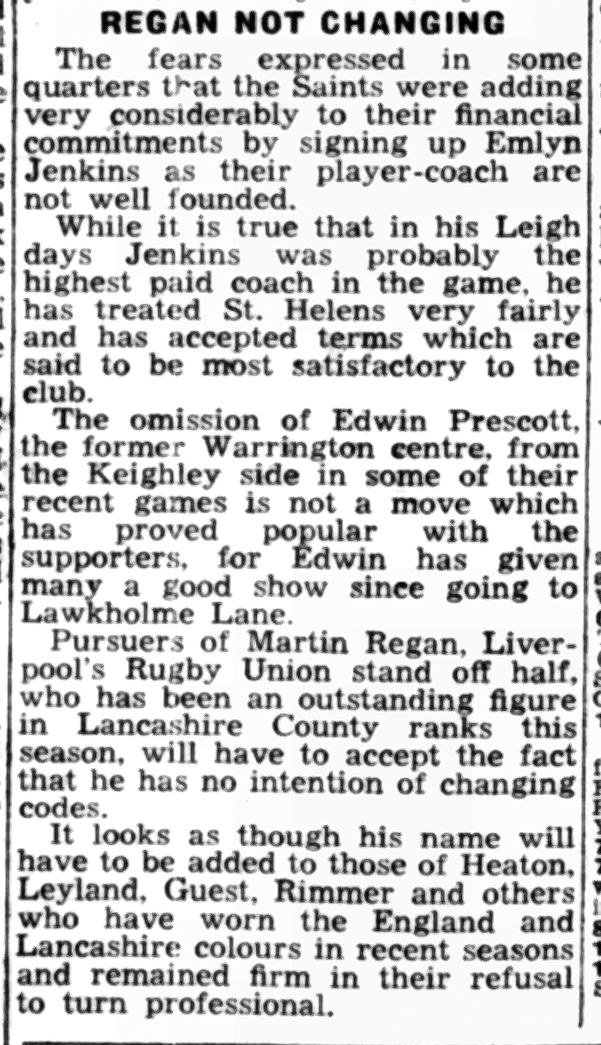 Liverpool Echo, 20 January 1951, on Emlyn Jenkins as St Helens player-coach