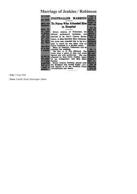 Newspaper announcement, 'Footballer Married: To Nurse Who Attended Him in Hospital', 7 August 1934