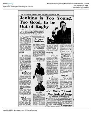 Manchester Evening News, 19 November 1938, page 7, Jenkins is Too Young, Too Good, to be Out of Rugby