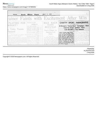 South Wales Argus, 5 March 1938, New Club for Emlyn Jenkins