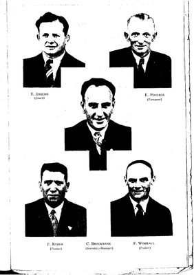 Page of club officials' portraits from Warrington's 1947-48 commemorative book, including E. Jenkins, coach