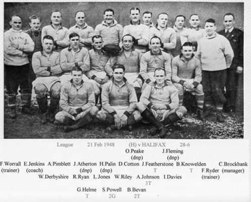 Warrington team group against Halifax, 21 February 1948, with captioned names