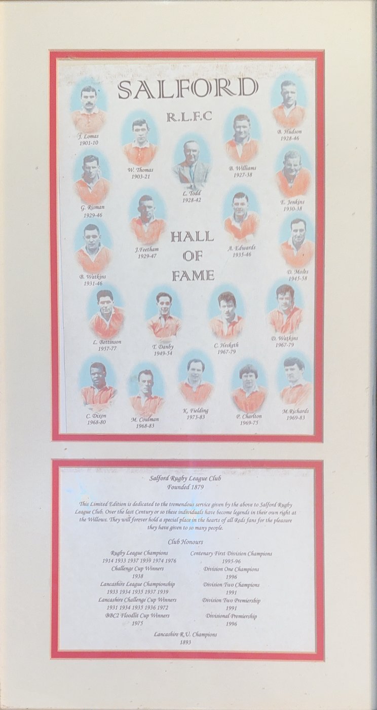 Salford RLFC Hall of Fame commemorative print listing Emlyn Jenkins, 1930-38